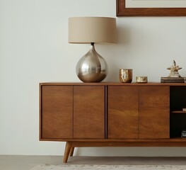 Wooden cabinet and accessories decor in living room interior on empty white wall background.