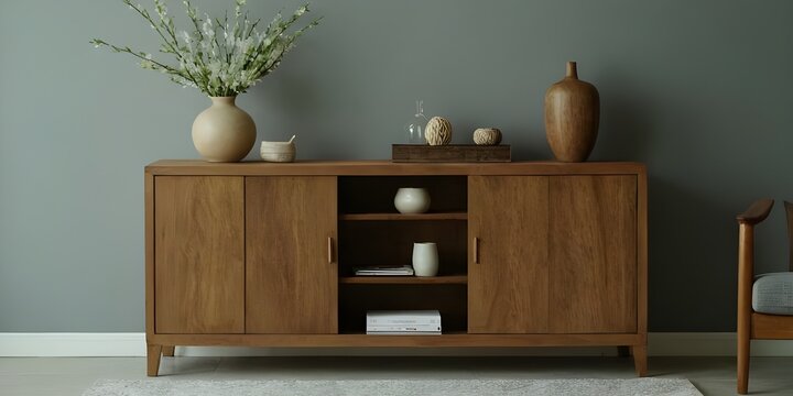 Wooden cabinet and accessories decor in living room interior on empty soft grey wall background.