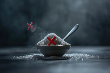 A white bowl filled with granulated sugar featuring a red cross emblem