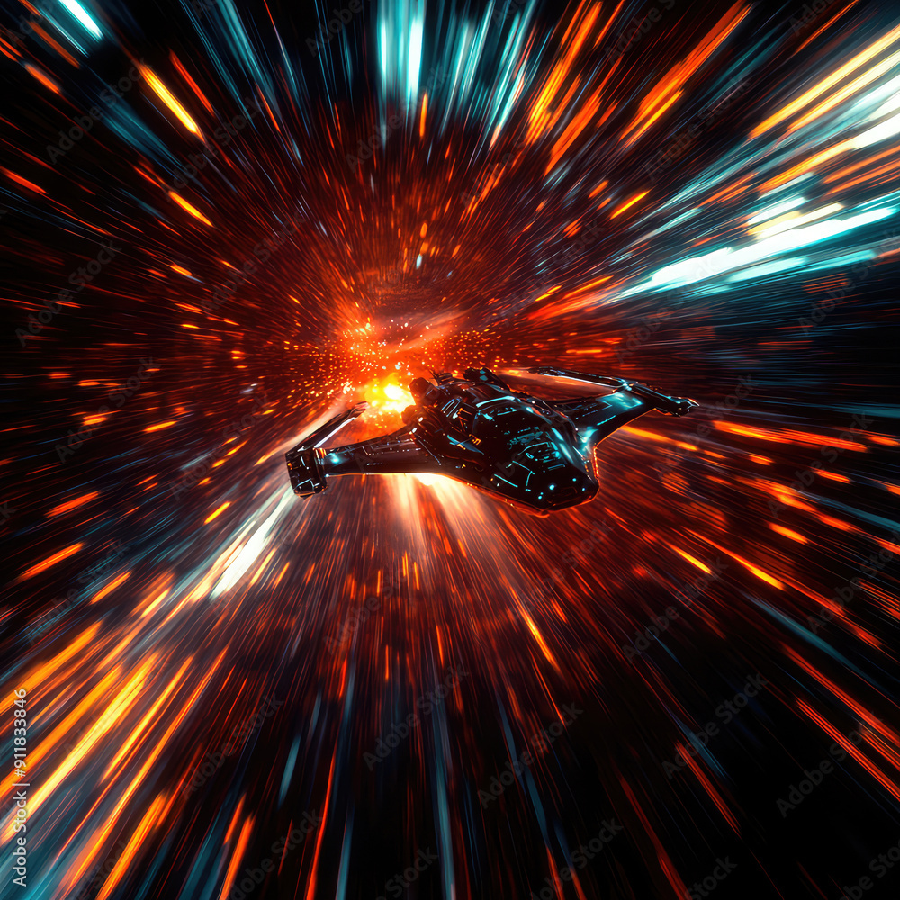 Wall mural a spaceship is speeding at light speed through a holographic galactic vortex. generative ai