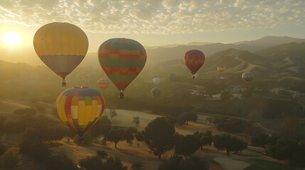 Fototapeta premium Colorful hot air balloons ascend. Golden sunrise paints sky. Rolling hills provide picturesque backdrop. 
