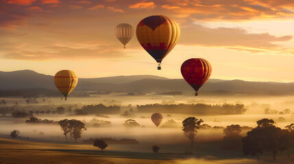 Naklejka premium Colorful hot air balloons ascend. Golden sunrise paints sky. Rolling hills provide picturesque backdrop. 