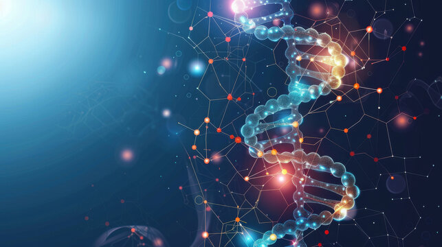 A detailed illustration of a DNA strand with a glowing molecular structure, set against a dark blue background, representing genetics and science.