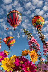 Obraz premium Colorful hot air balloons floating over landscape 
