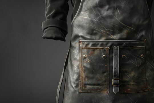 A man wearing a leather apron and belt, often used in DIY or workshop settings