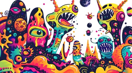 Obraz premium Funky Abstract Aliens Exploring Wacky Planet on Shirt Design with White Background