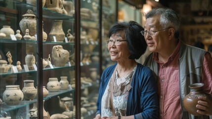 An elderly couple admires ancient pottery while exploring a museum together