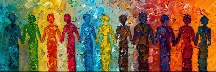 Colorful human figures in different colors holding hands. abstract oil painting background. vibrant and textured 