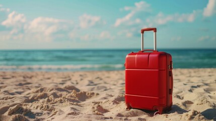 Modern red suitcase in the sand, in front of a beach generative ai