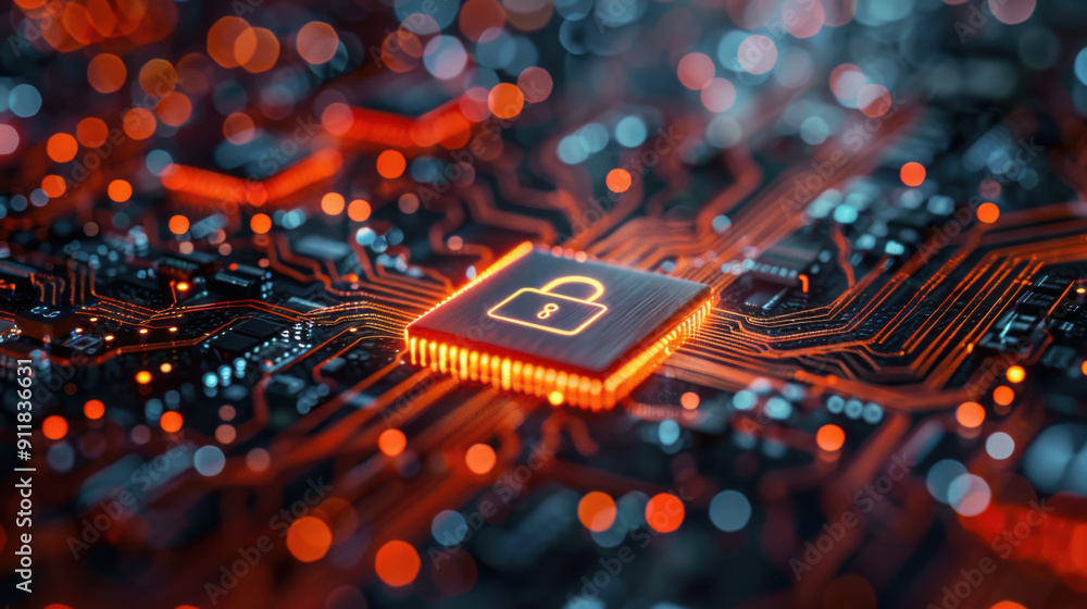 Poster close-up of a digital lock icon on a circuit board representing cybersecurity, data protection, and 