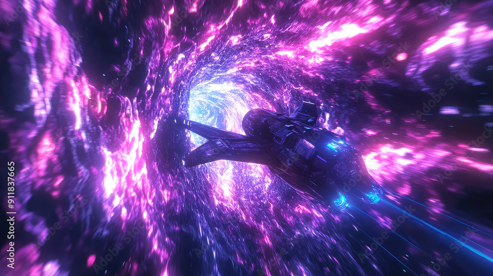 Wall mural a spaceship is speeding at light speed through a holographic galactic vortex. generative ai