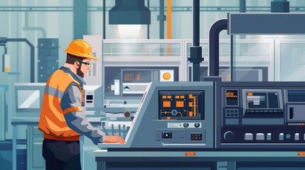 Industrial Worker Operating Machinery in Factory Illustration