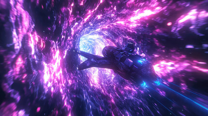 A spaceship is speeding at light speed through a holographic galactic vortex. Generative AI