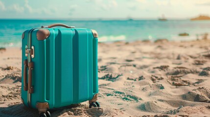 Modern teal suitcase in the sand, in front of a beach generative ai