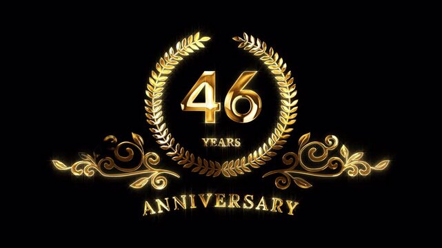 46th Anniversary Celebration. Happy 46 Years Anniversary Animation in Gold Color on the Transparent Background, Alpha Channel. Great for greetings, celebrations, events, and gifts.