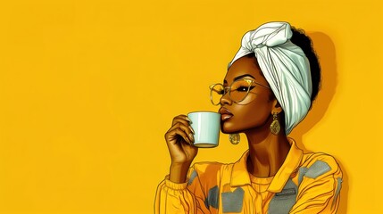 Stylish African Woman Sipping Coffee, Wearing Headwrap, Glasses, and Earrings Against Vibrant Yellow Background in Artistic Illustration