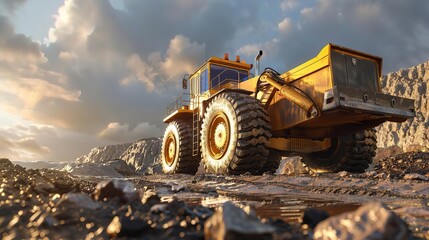 Yellow Excavator Machine on Rocky Terrain 3D Illustration
