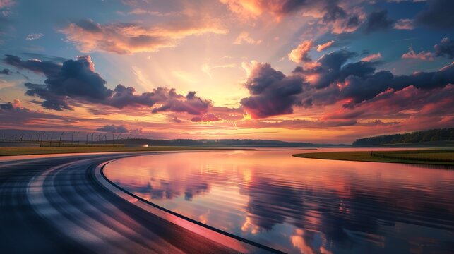 Wet race track curve at sunrise with dramatic sky