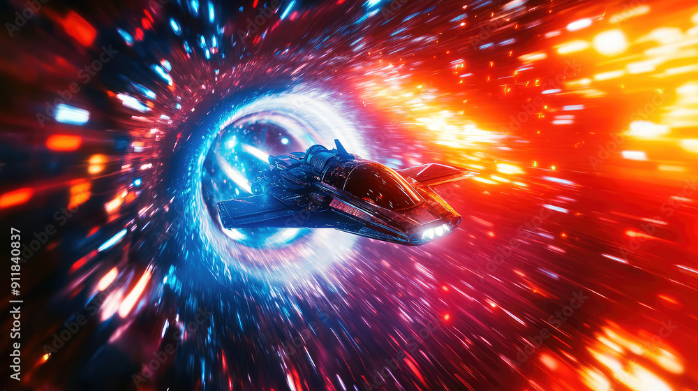Wall mural a spaceship is speeding at light speed through a holographic galactic vortex. generative ai
