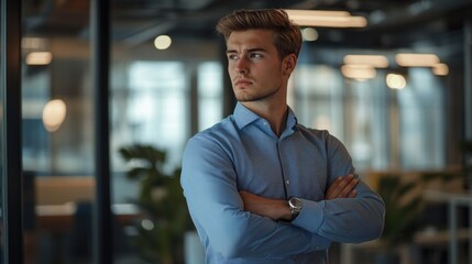 Fototapeta premium A person wearing a blue shirt stands with his arms crossed, possibly waiting or contemplating