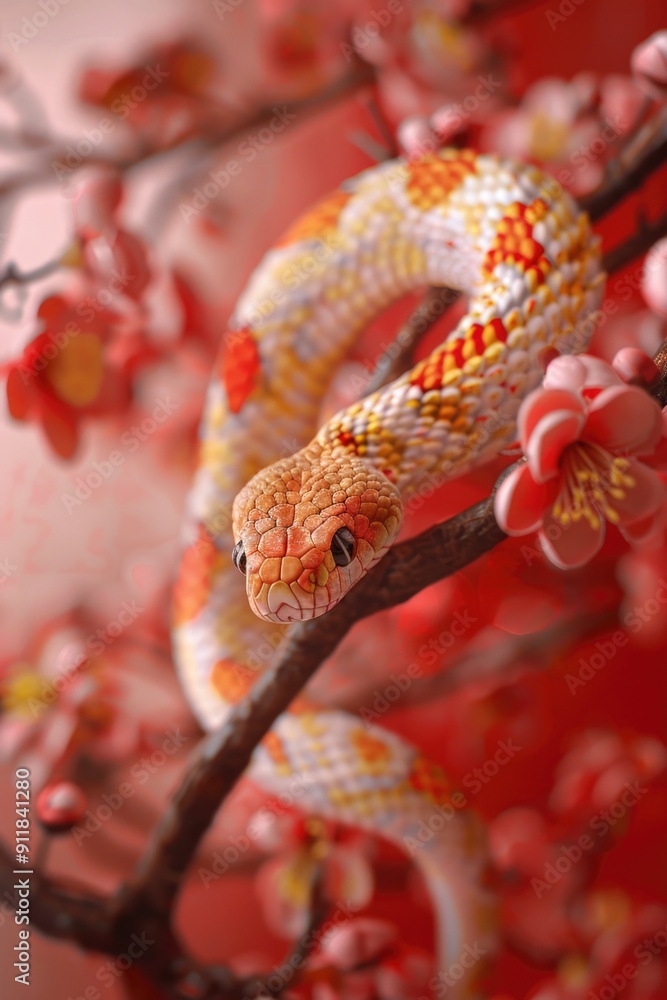Poster a close-up shot of a snake coiled around a branch of a tree