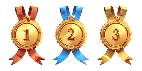 Winner golden medal set isolated on transparent background. First, second and third place in competition. Game champion prize award of honor. Collection for design