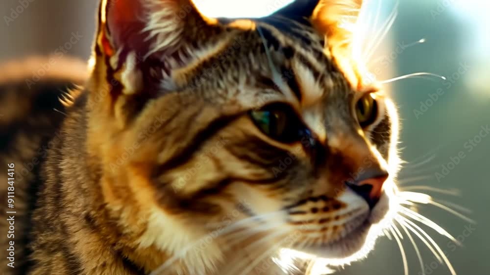 Poster brown tabby cat relaxing in sunlight by window generative ai