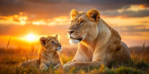 A majestic lioness gazes lovingly at her adorable lion cub as they bask in the warm, golden light of a serene African savannah sunset.