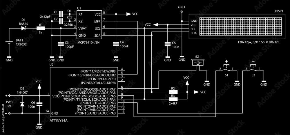 Poster schematic diagram of electronic device on sheet of paper. vector drawing electrical circuit with res