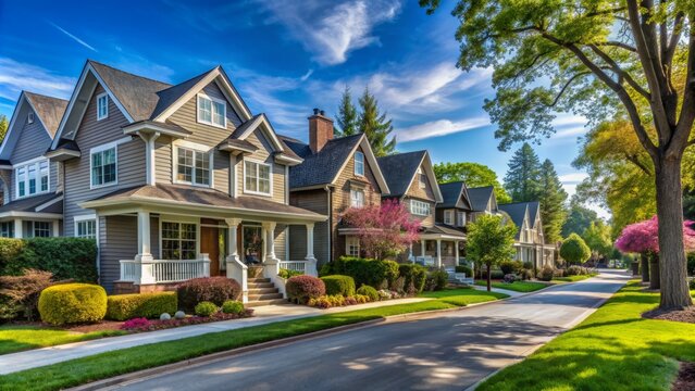 A new home neighborhood, A classic upper middle class neighborhood street with luxury single family homes. Generative AI.