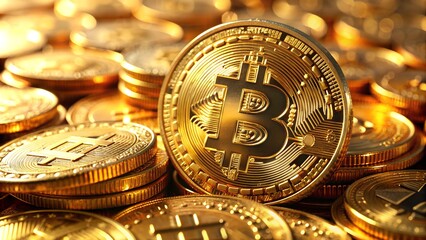 Gold Coin Pile with Worn Bitcoin on Top