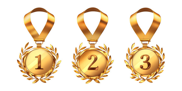 Winner golden medal set isolated on transparent background. First, second and third place in competition. Game champion prize award of honor. Collection for design
