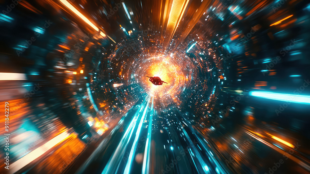 Wall mural a spaceship is speeding at light speed through a holographic galactic vortex. generative ai