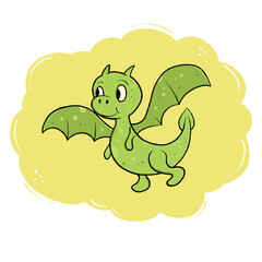 Cute baby green dinosaur illustration whit yellow cloud background