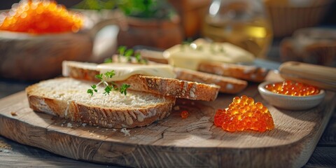 Sliced home baked bread with butter salmon roe or red caviar on chopping board celebration appetizer