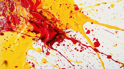 Dynamic red and yellow paint splatter on white canvas