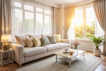 Soft pastel hues and natural light pouring through white curtains create a warm atmosphere in this cozy living room featuring a stylish linen-cushioned sofa by the window.