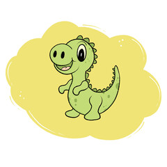 Cute baby green dinosaur illustration whit yellow cloud background