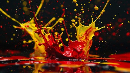 Vibrant paint splashes in red and yellow against dark background