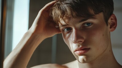 Fototapeta premium A shirtless young man holds his head in front of a window, contemplating or worried