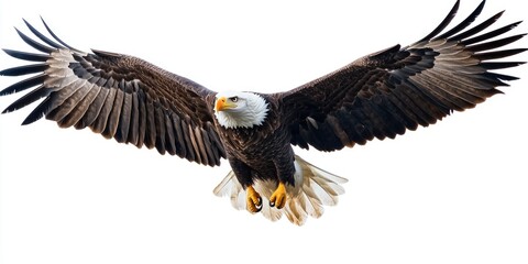 Obraz premium A majestic bald eagle spreads its wings and flies through the air, a symbol of freedom and power