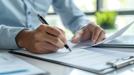 person is sitting at a table writing with a pen on a piece of paper contract