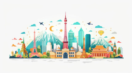 Fototapeta premium Colorful illustration of famous global landmarks including Eiffel Tower, Statue of Liberty, Big Ben, and more in a whimsical style.