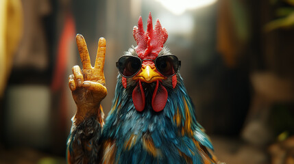 rooster wearing sunglasses and doing V-sign, funny cartoon. Design for Wall Art, Poster Print, Wallpaper & Background