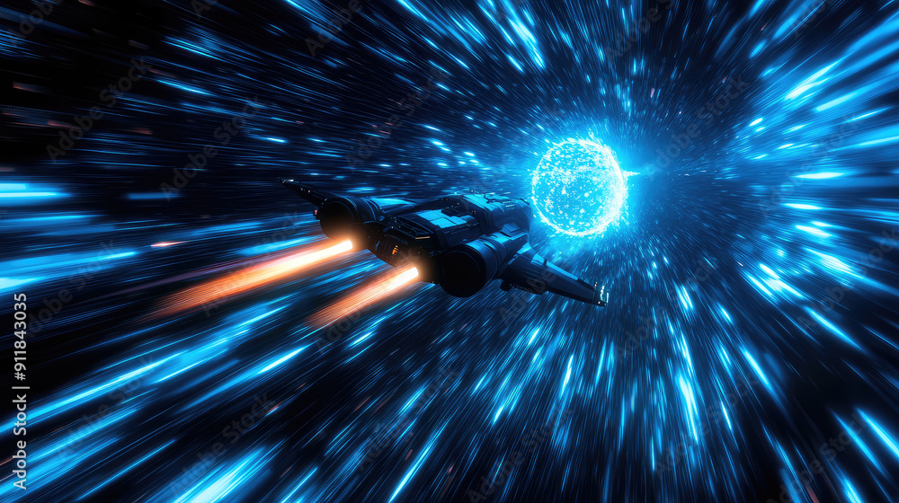 Wall mural a spaceship is speeding at light speed through a holographic galactic vortex. generative ai