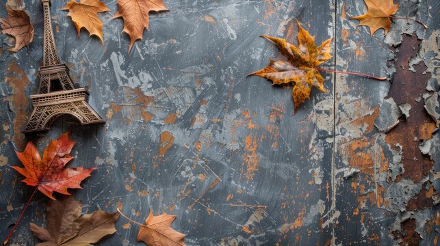 Autumn leaves and a miniature Eiffel Tower on a distressed, textured surface.