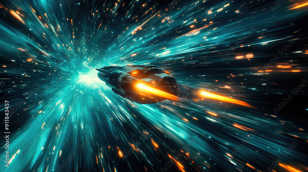 Wall mural a spaceship is speeding at light speed through a holographic galactic vortex. generative ai