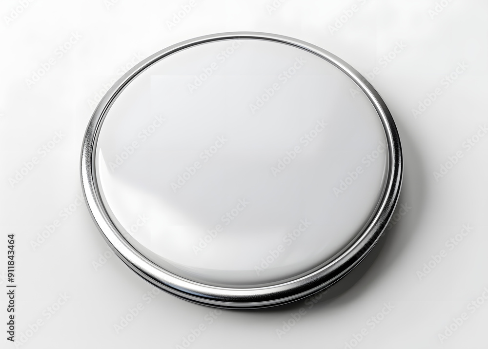 Poster isolated white circular pinback button with a blank face and metal rim on a pure white background, w
