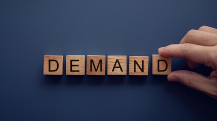 Man put demand wooden block on blue background for customer consume concept.
