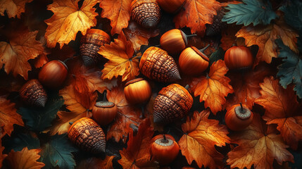 Obraz premium acorns in autumn, nuts pattern. Design for Wall Art, Poster Print, Wallpaper & Background